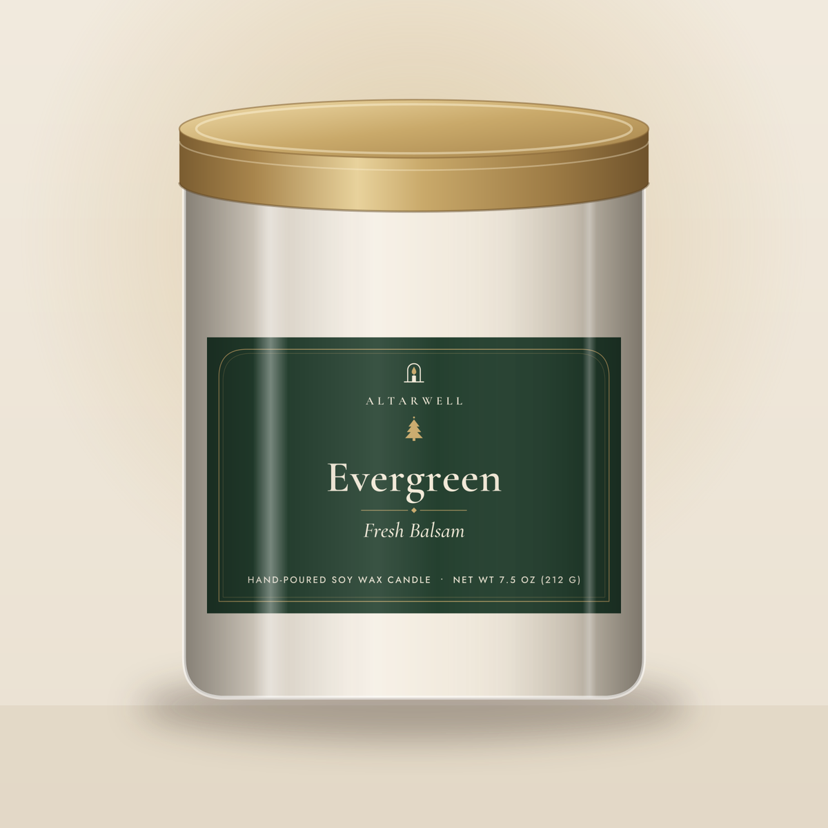 AltarWell Evergreen Solstice candle, Fresh Balsam, in a 9 oz clear glass jar with a evergreen and gold AltarWell label