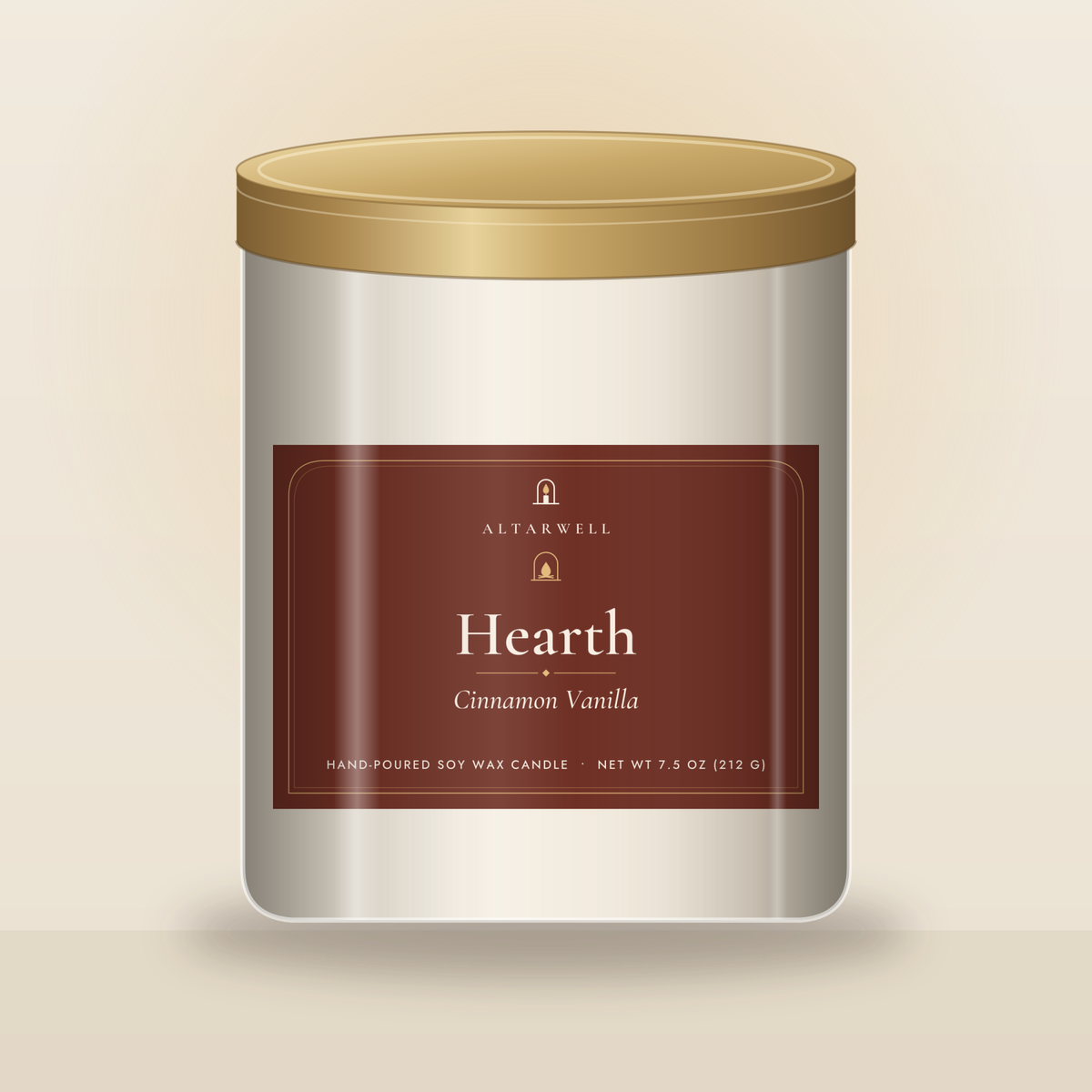 AltarWell Hearth candle, Cinnamon Vanilla, in a 9 oz clear glass jar with a cinnamon red and gold AltarWell label