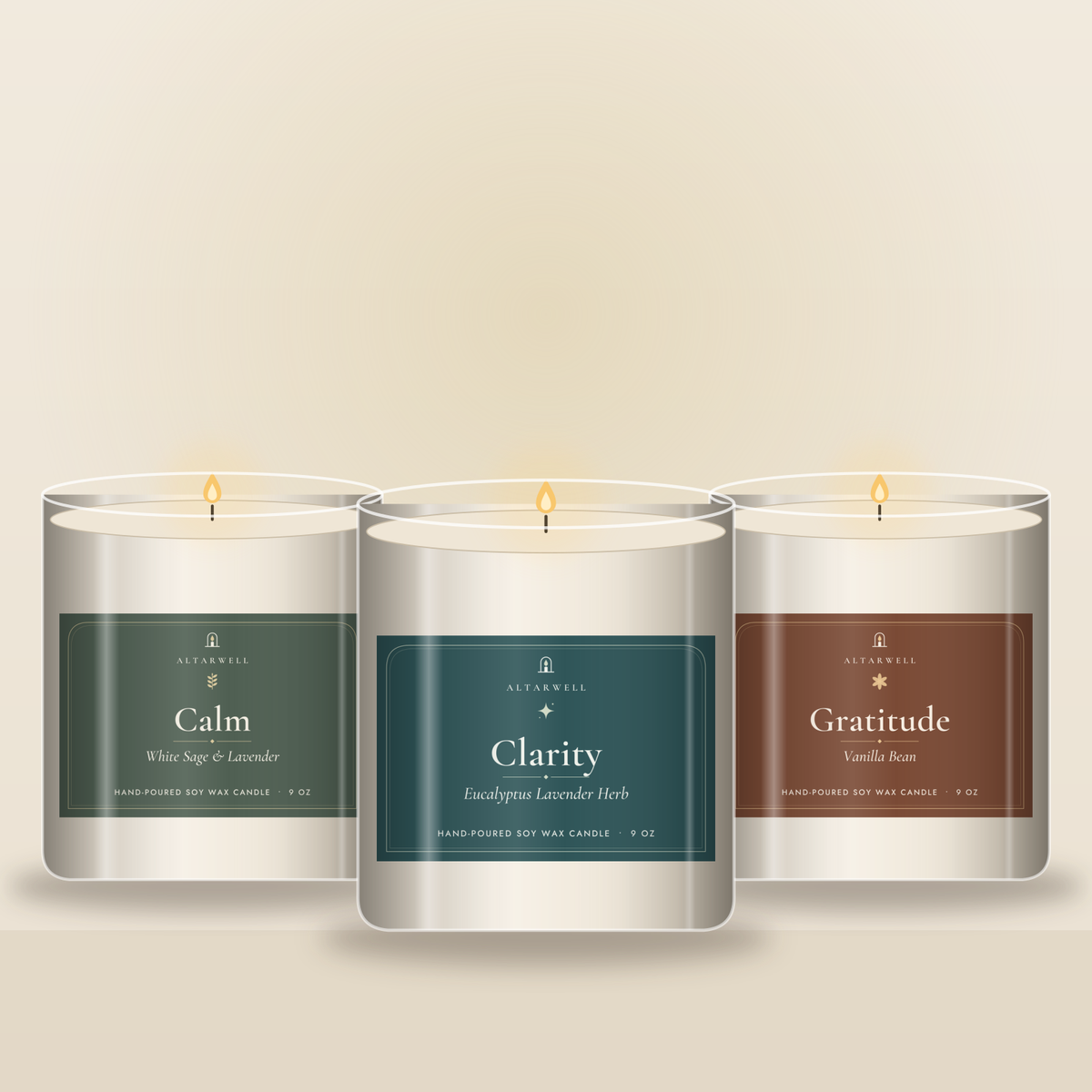 AltarWell Intention Trio gift set: Calm, Clarity and Gratitude candles in 9 oz glass jars