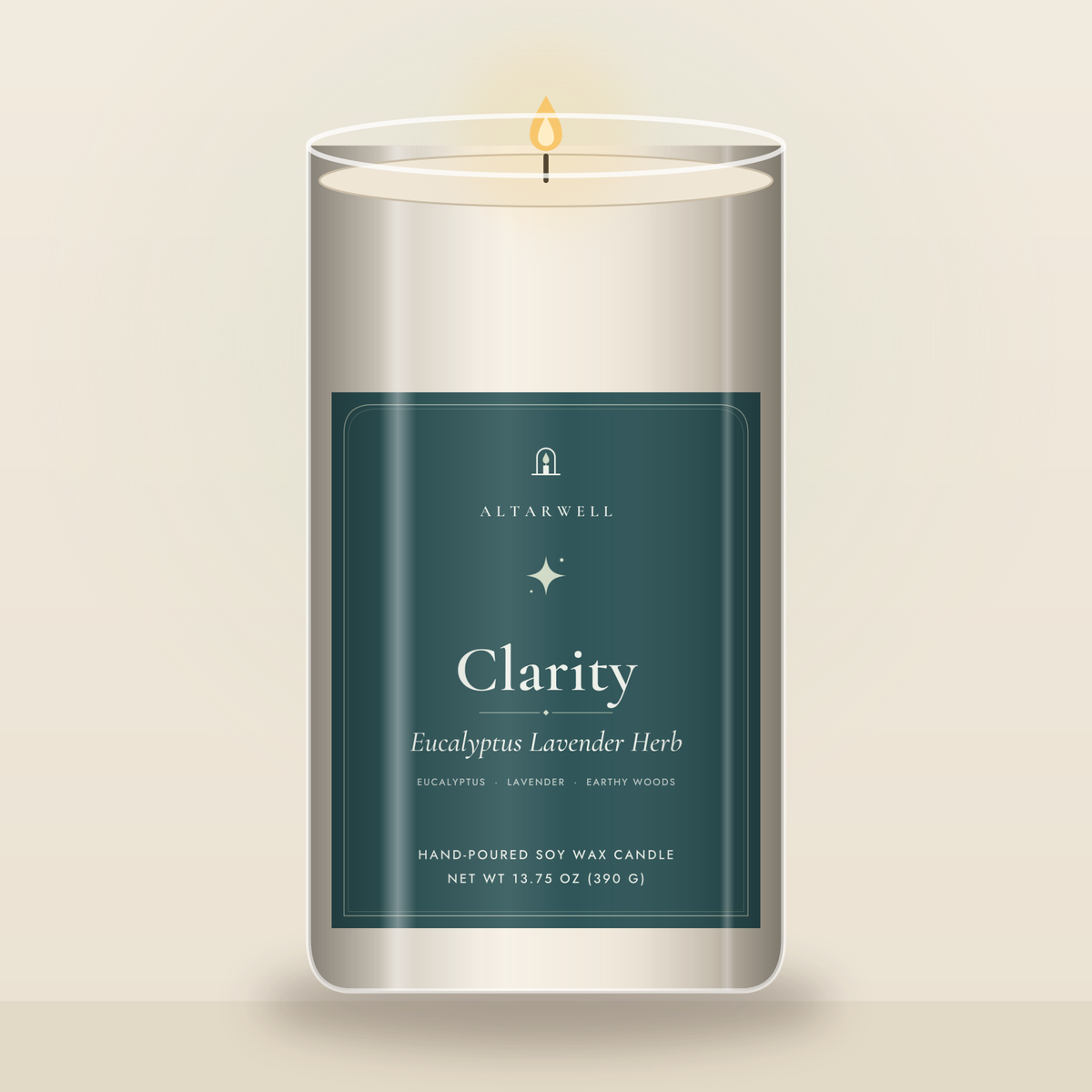 AltarWell Large Clarity candle, Eucalyptus Lavender Herb, in a tall 13.75 oz clear glass jar with a white AltarWell label