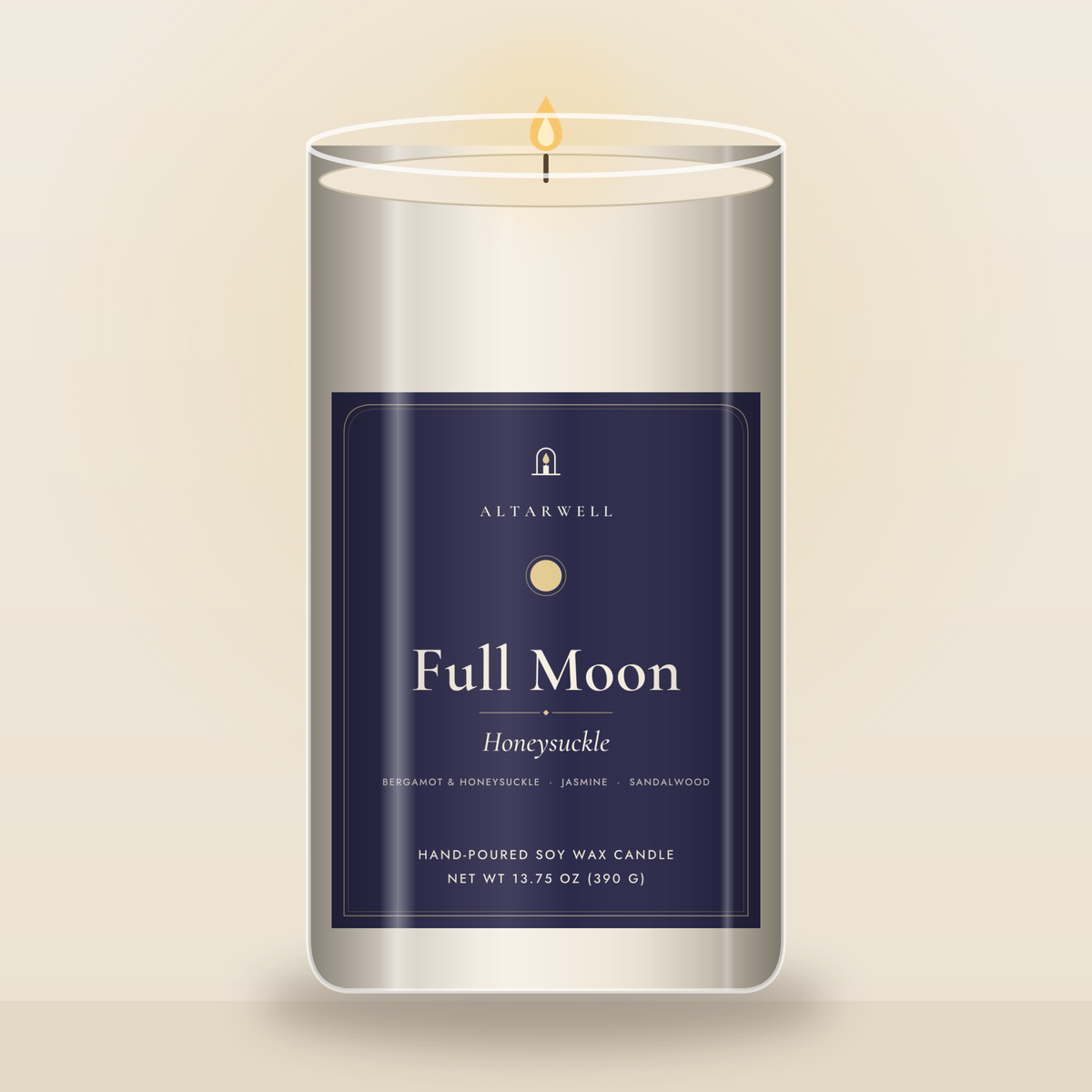 AltarWell Large Full Moon candle, Honeysuckle, in a tall 13.75 oz clear glass jar with a white AltarWell label