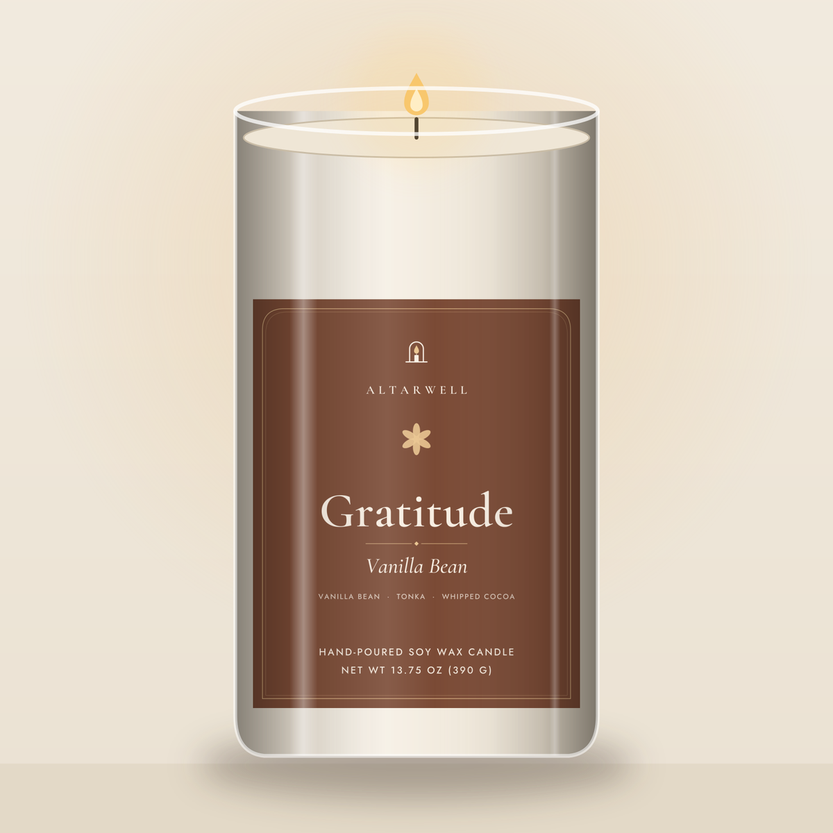 AltarWell Large Gratitude candle, Vanilla Bean, in a tall 13.75 oz clear glass jar with a white AltarWell label