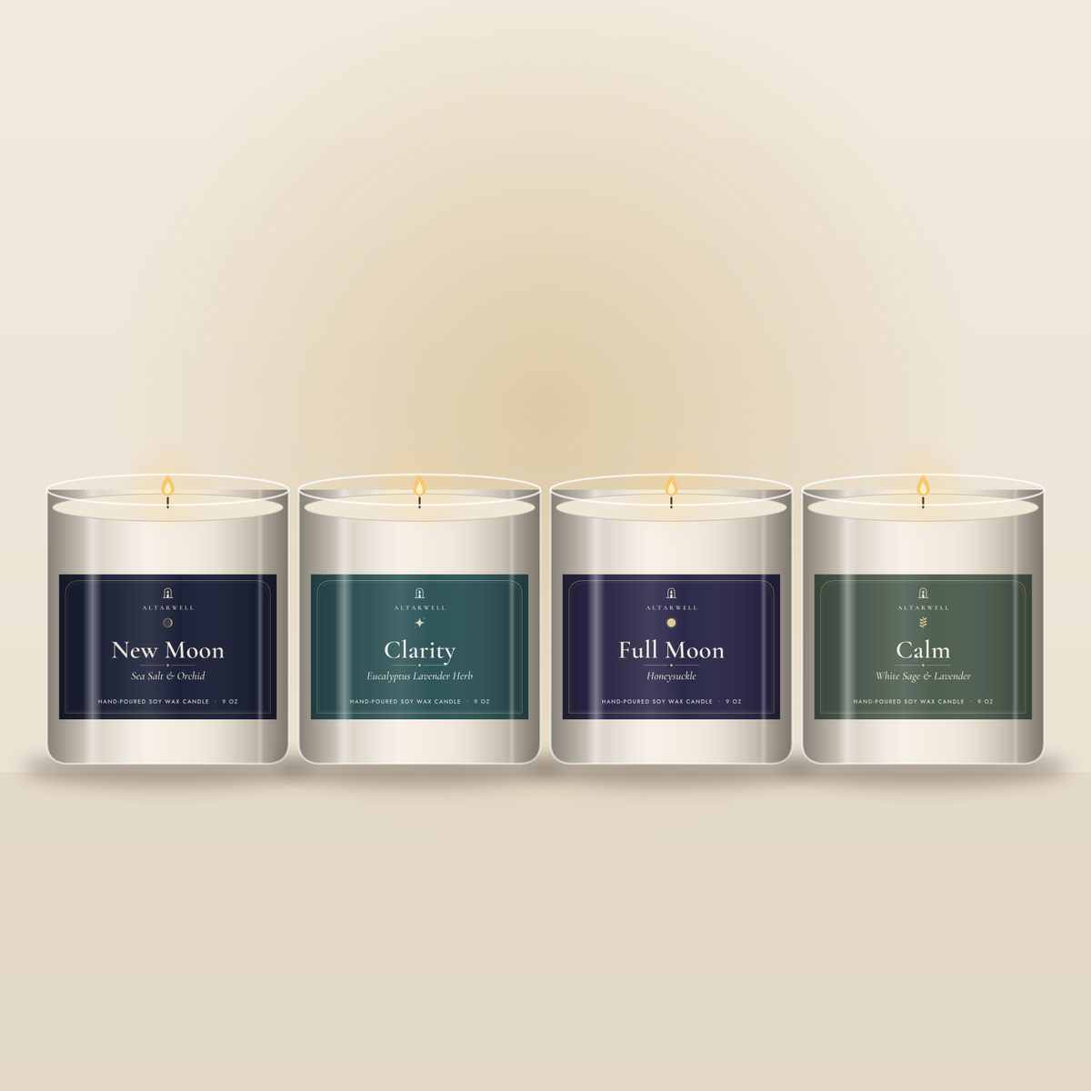 AltarWell Month of Rituals set: New Moon, Clarity, Full Moon and Calm candles in 9 oz glass jars