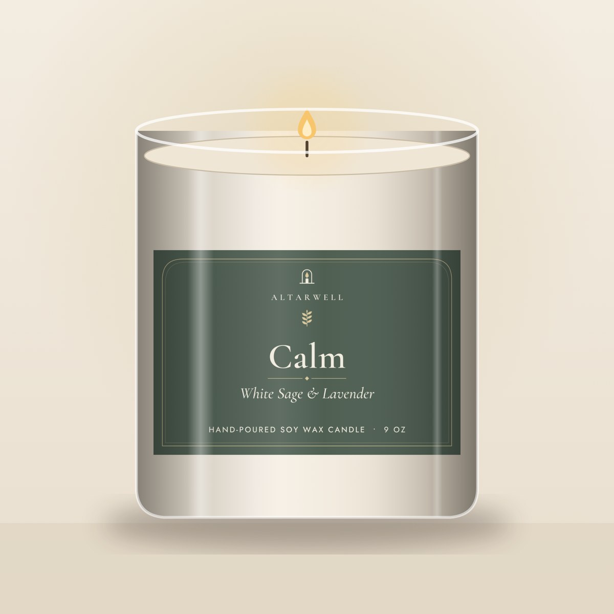 AltarWell Calm candle, White Sage & Lavender, in a 9 oz clear glass jar with a sage green AltarWell label