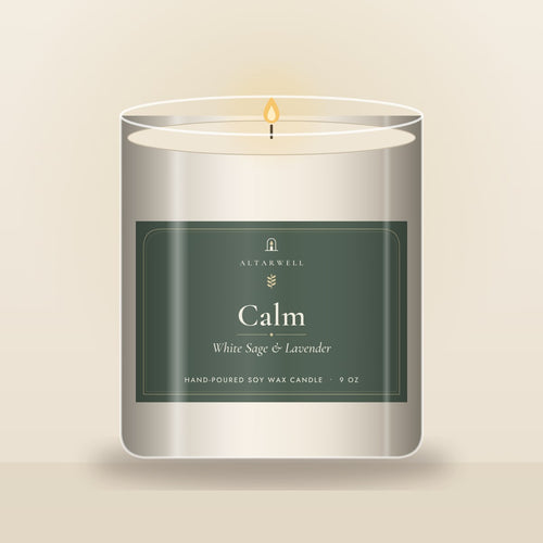 AltarWell Calm candle, White Sage & Lavender, in a 9 oz clear glass jar with a sage green AltarWell label