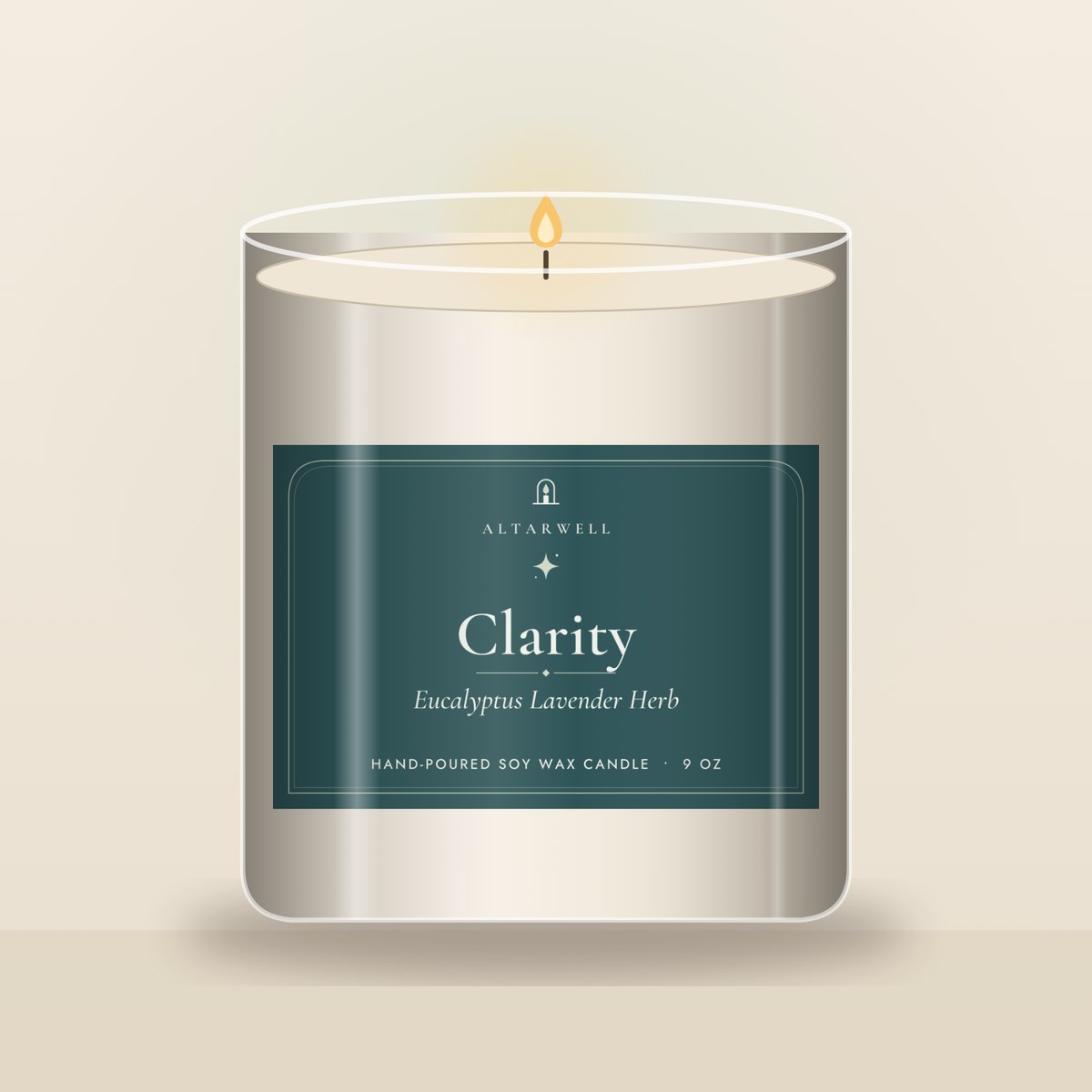 AltarWell Clarity candle, Eucalyptus Lavender Herb, in a 9 oz clear glass jar with a teal AltarWell label