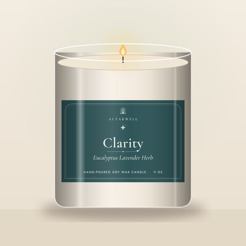 AltarWell Clarity candle, Eucalyptus Lavender Herb, in a 9 oz clear glass jar with a teal AltarWell label