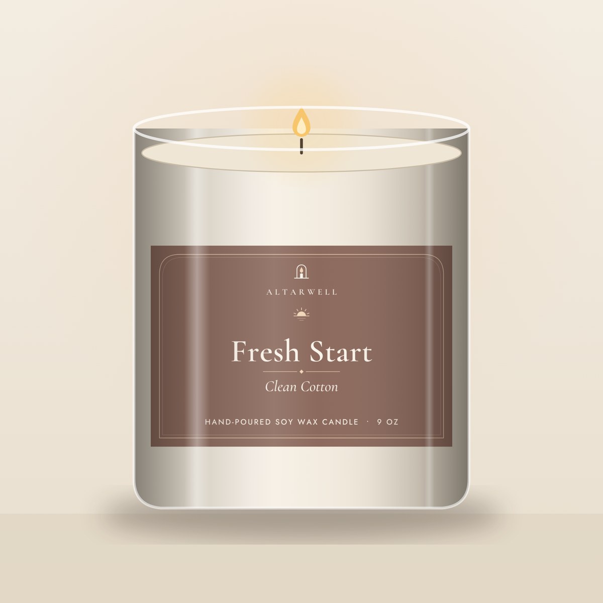 AltarWell Fresh Start candle, Clean Cotton, in a 9 oz clear glass jar with a dusty rose AltarWell label
