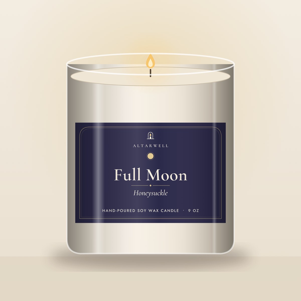AltarWell Full Moon candle, Honeysuckle, in a 9 oz clear glass jar with a indigo AltarWell label