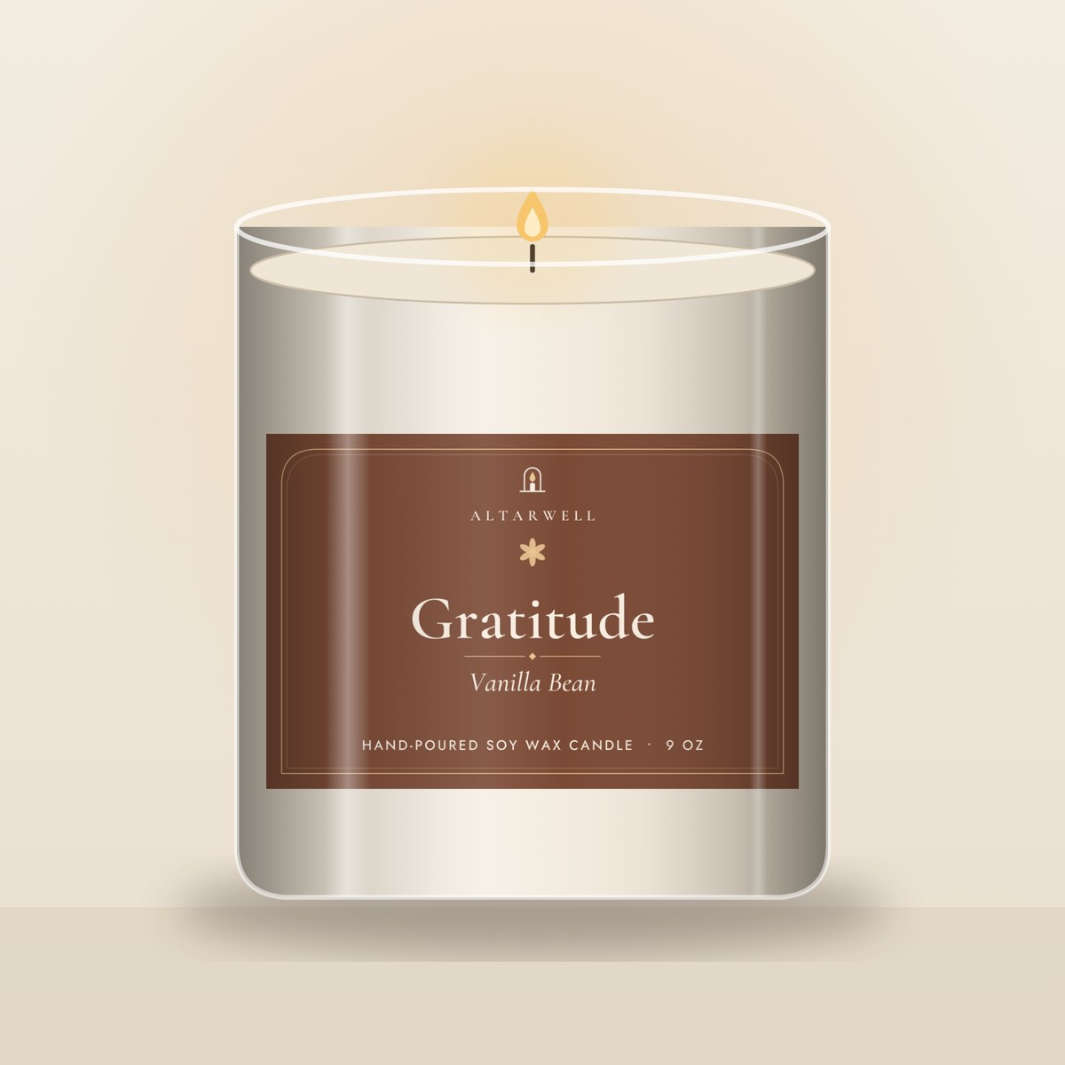 AltarWell Gratitude candle, Vanilla Bean, in a 9 oz clear glass jar with a rust AltarWell label