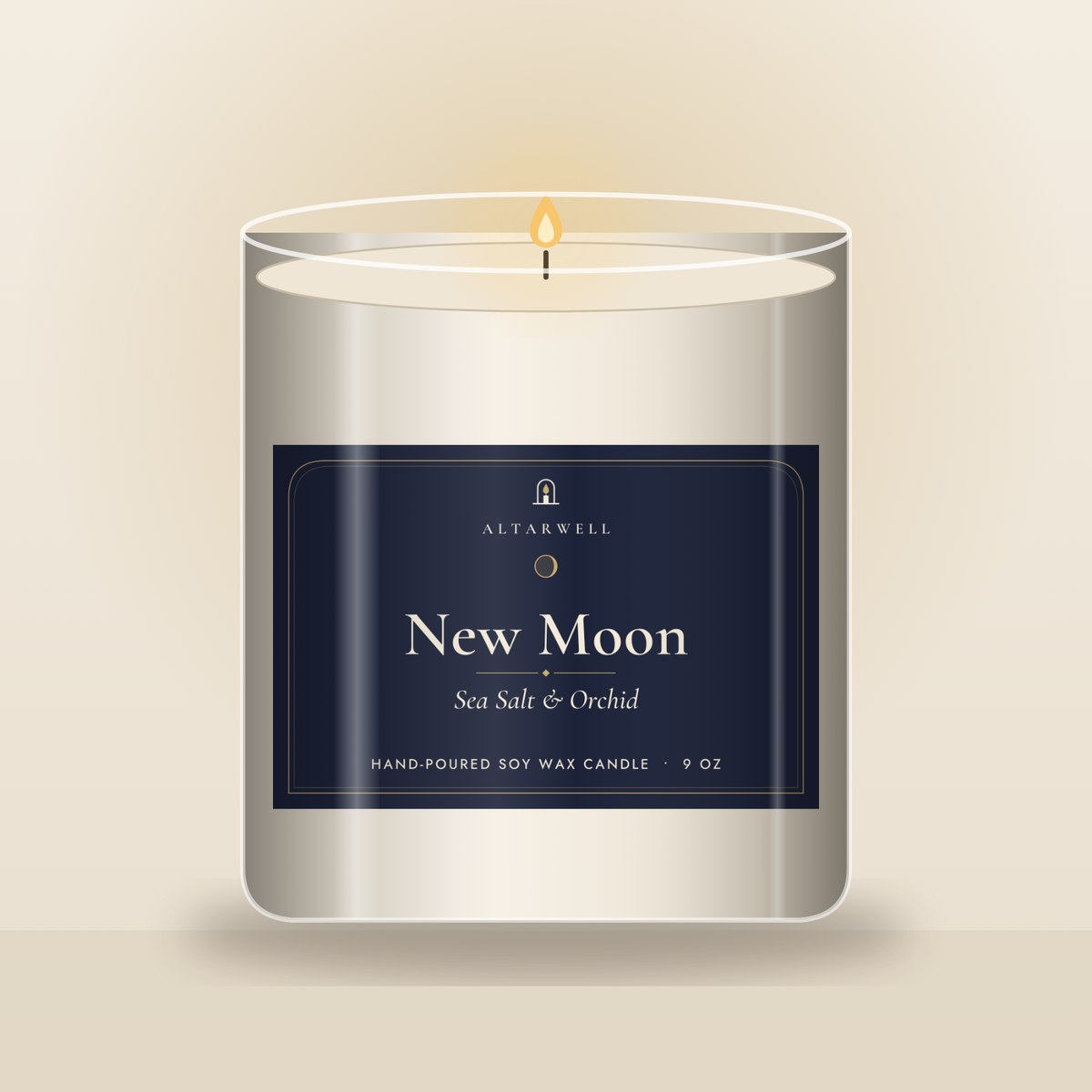 AltarWell New Moon candle, Sea Salt & Orchid, in a 9 oz clear glass jar with a navy AltarWell label